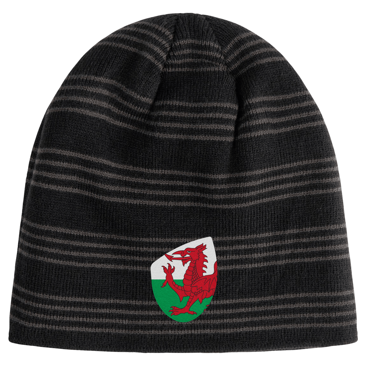 The Wales Shield Beanie by EMB Canterbury is a black and gray striped beanie showcasing a fierce red dragon emblem on a classic white and green shield.