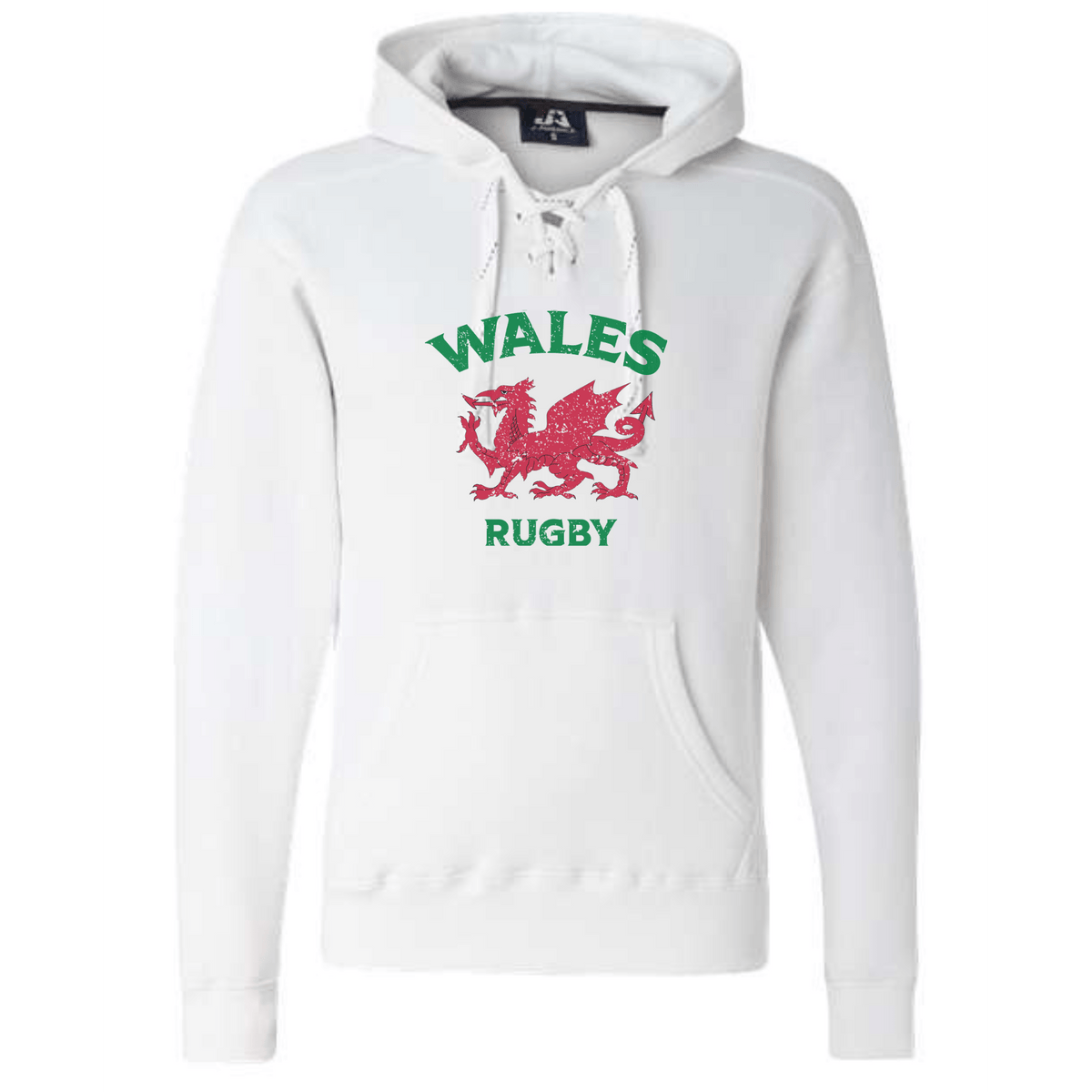 The Nations of Rugby Wales Rugby Hockey Hoodie by WRS S&S Activewear is a white hooded sweatshirt with a red Welsh dragon and "WALES" above, "RUGBY" below in green—ideal for proud rugby fans.