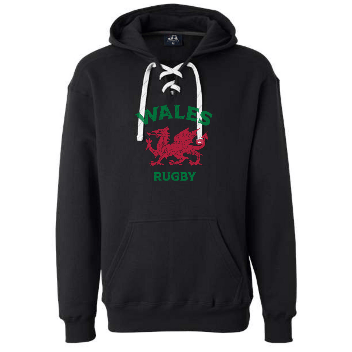 The WRS S&S Activewear Nations of Rugby Wales Rugby Hockey Hoodie features a black hood, white lace-up drawstring, and a red Welsh dragon graphic with "WALES RUGBY" in green—ideal for rugby fans.