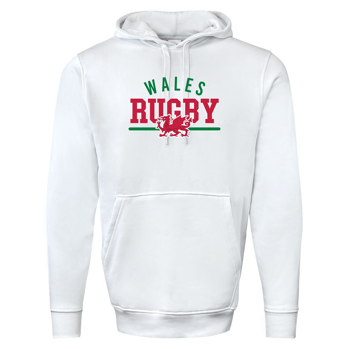 Image of the WRS Augusta Nations of Rugby Wales Wordmark 60/40 Pullover Hoodie in white, featuring the text "WALES RUGBY" in green and red, along with a red dragon emblem on the front, perfect for any rugby enthusiast.
