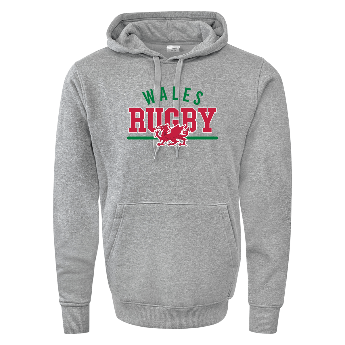The Nations of Rugby Wales Wordmark 60/40 Pullover Hoodie by WRS Augusta is a gray hoodie that showcases "Wales Rugby" along with a striking red dragon graphic on the front, highlighted by bold green and red text.