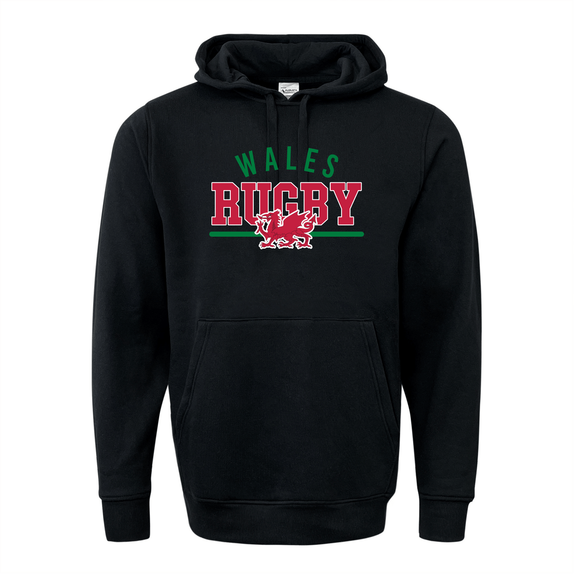 WRS Augusta's Nations of Rugby Wales Wordmark 60/40 Pullover Hoodie is a black pullover featuring "WALES RUGBY" emblazoned in vibrant green and red on the front, accented by a striking red dragon graphic.