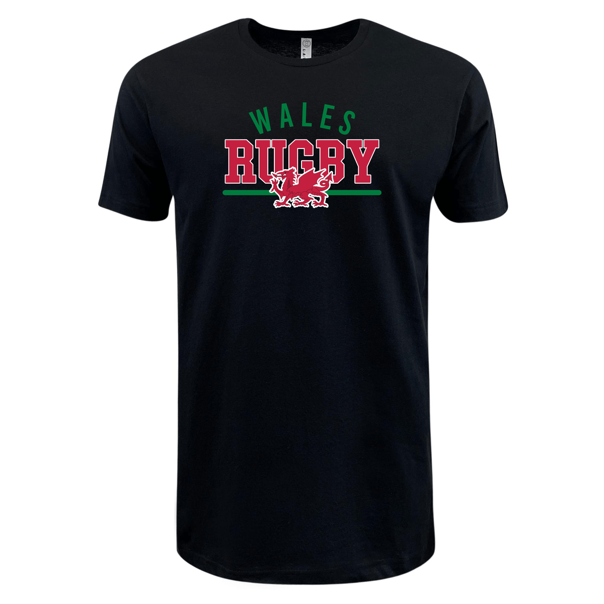 The Nations of Rugby Wales Wordmark Supersoft Tee by WRS LAT features the text "Wales Rugby" in bold green and red colors, complemented by a silhouette of a Welsh dragon beneath the word "Rugby.