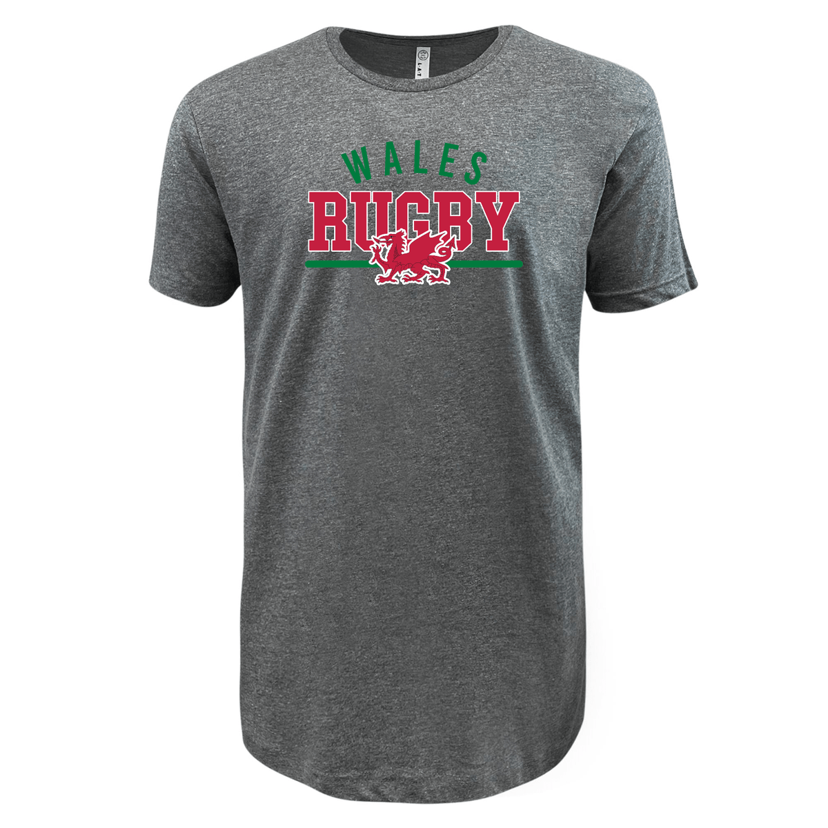 Experience ultimate comfort with the Nations of Rugby Wales Wordmark Supersoft Tee by WRS LAT in gray, adorned with "Wales Rugby" in vibrant green and red text, and accented with a striking red dragon emblem below.