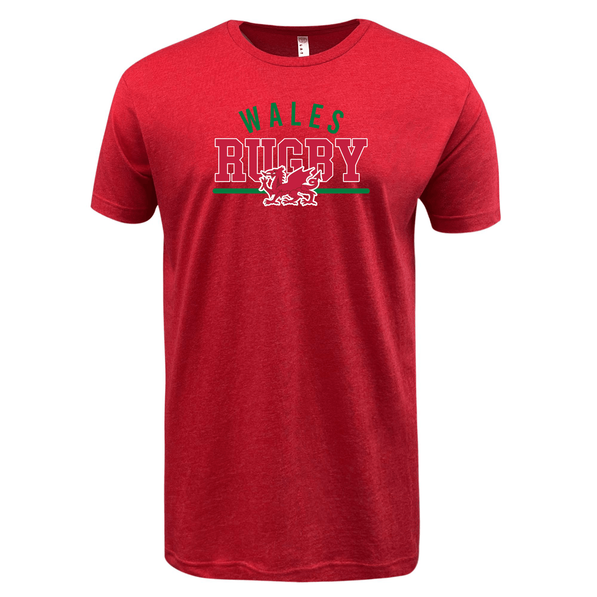 Red Nations of Rugby Wales Wordmark Supersoft Tee by WRS LAT featuring "Wales Rugby" text and a dragon emblem printed on the front.