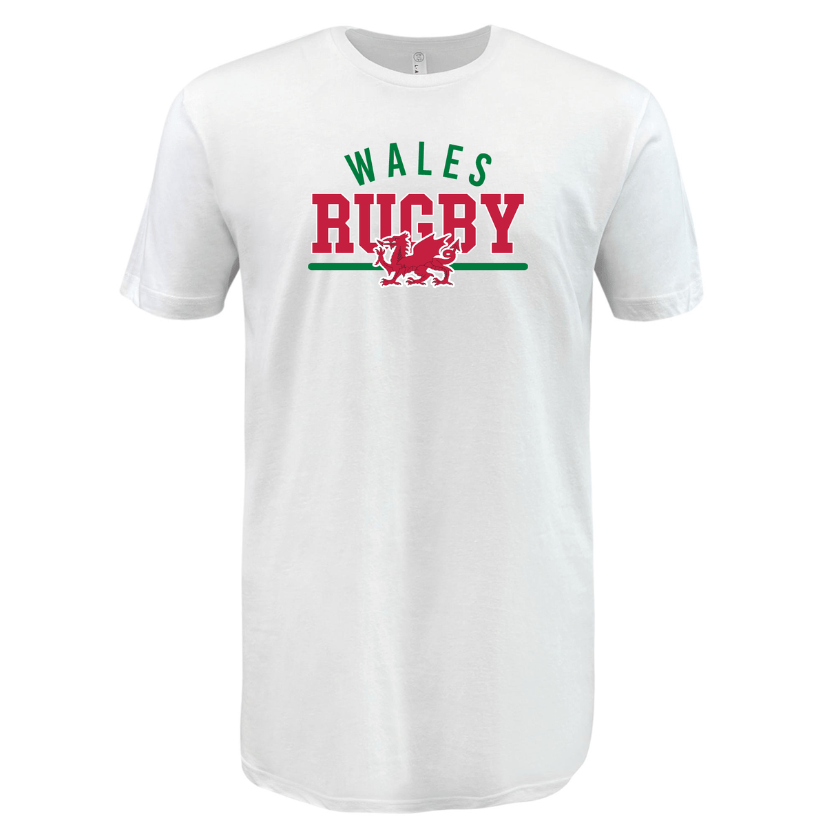 The Nations of Rugby Wales Wordmark Supersoft Tee by WRS LAT features "Wales Rugby" in green and red text, with a red dragon graphic underneath.