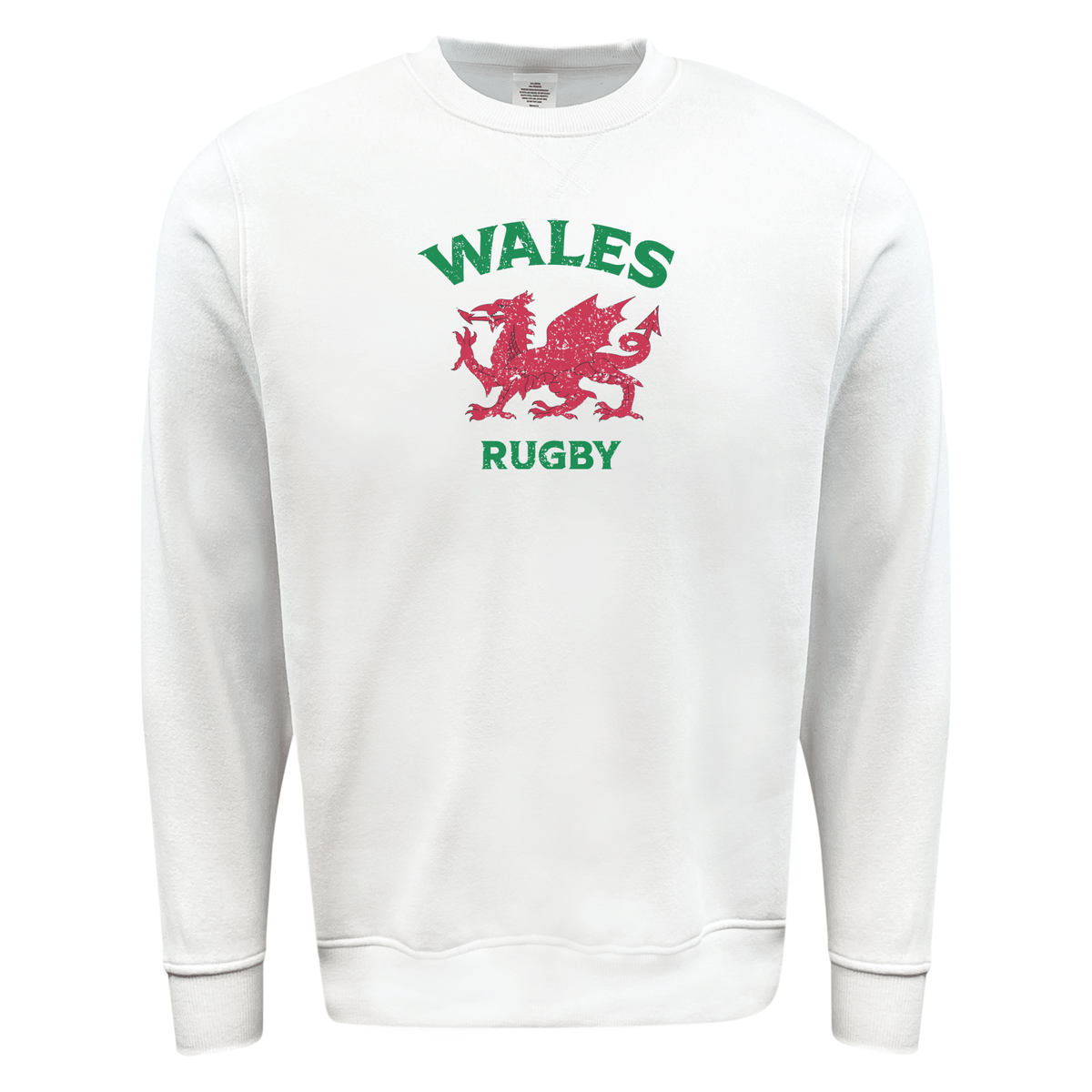 A white Nations of Rugby Wales Rugby Fleece Crewneck Sweatshirt, perfect for rugby enthusiasts, by WRS Augusta.