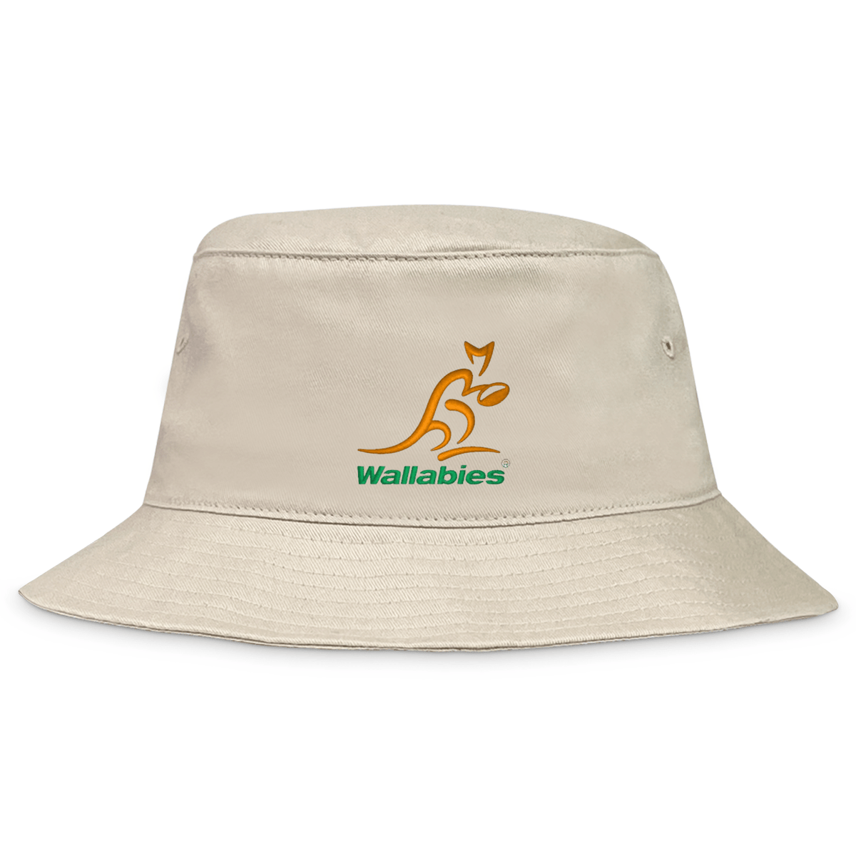The Wallabies Rugby Crusher Bucket Hat by EMB S&S Activewear is made from beige cotton twill and features the team’s iconic yellow and green rugby logo on the front.