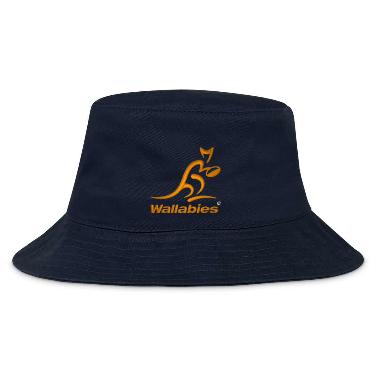 The Wallabies Rugby Crusher Bucket Hat by EMB S&S Activewear is a navy blue cotton twill hat with an orange kangaroo logo and "Wallabies" embroidered on the front—ideal for any Wallabies Rugby fan.