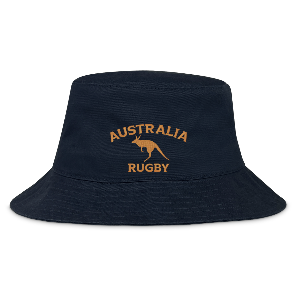 The Nations of Rugby Australia Rugby Crusher Bucket Hat by EMB S&S Activewear features "Australia Rugby" and a gold-embroidered kangaroo on navy cotton twill—ideal for any rugby supporter.