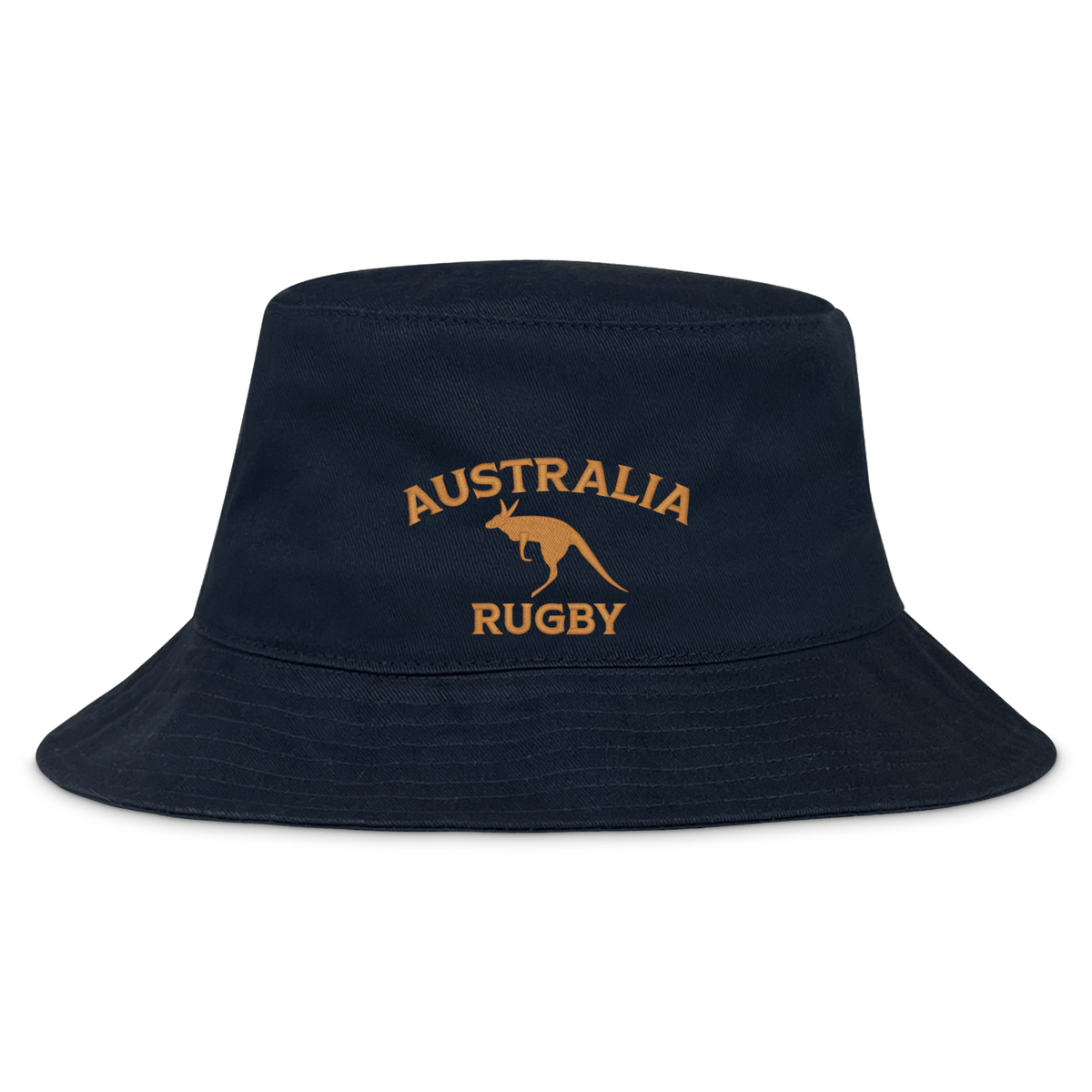 The Nations of Rugby Australia Rugby Crusher Bucket Hat by EMB S&S Activewear features "Australia Rugby" and a gold-embroidered kangaroo on navy cotton twill—ideal for any rugby supporter.