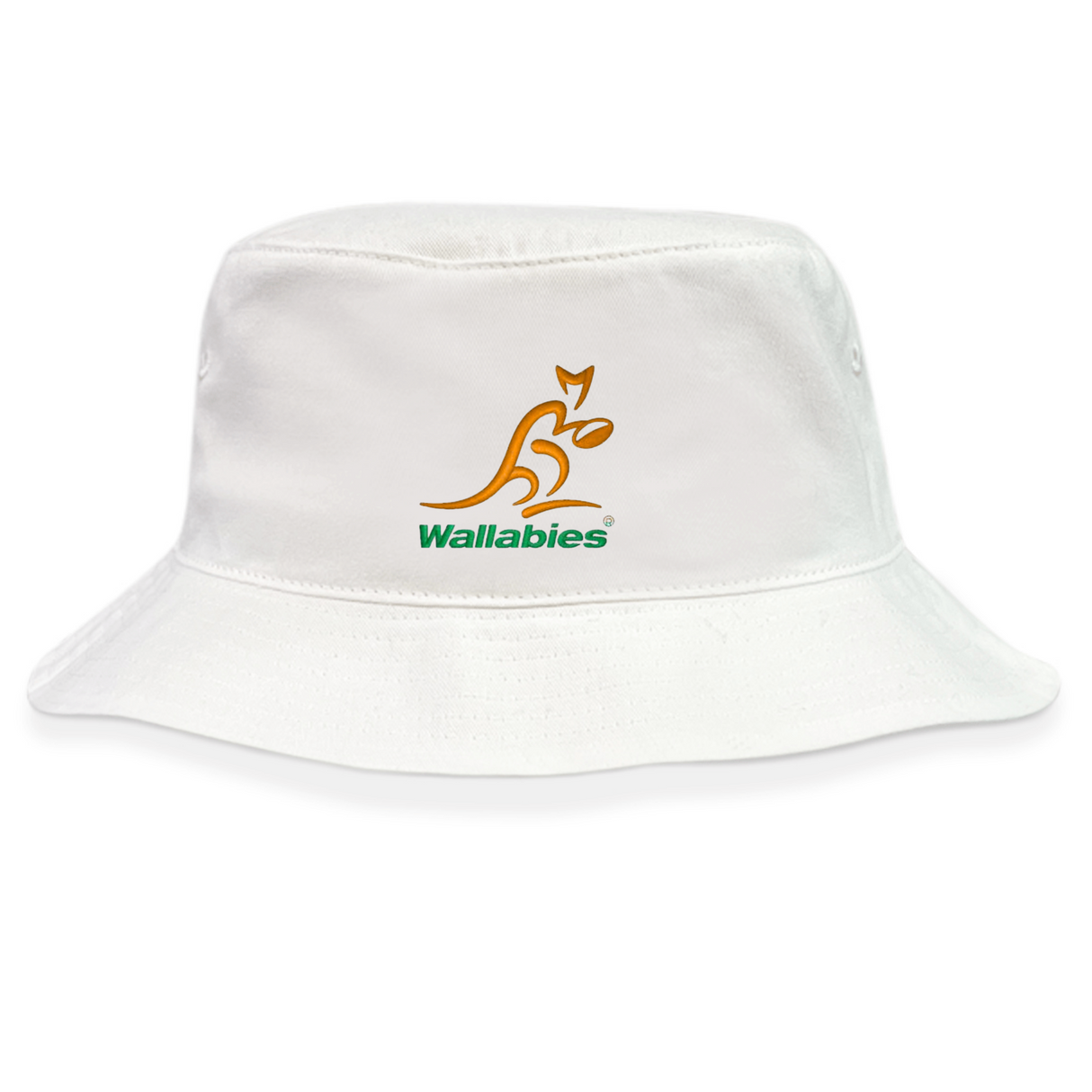 The Wallabies Rugby Crusher Bucket Hat by EMB S&S Activewear is a white cotton twill hat featuring the yellow Wallabies kangaroo logo and "Wallabies" in green on the front—ideal for stylish rugby fans seeking sun protection.