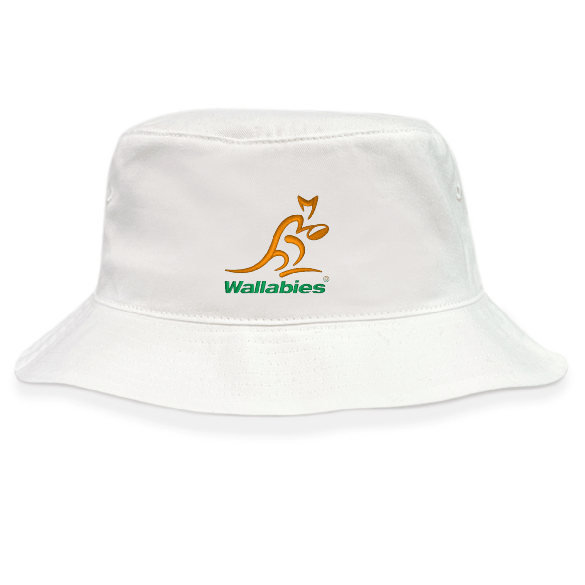 The Wallabies Rugby Crusher Bucket Hat by EMB S&S Activewear is a white cotton twill hat featuring the yellow Wallabies kangaroo logo and "Wallabies" in green on the front—ideal for stylish rugby fans seeking sun protection.