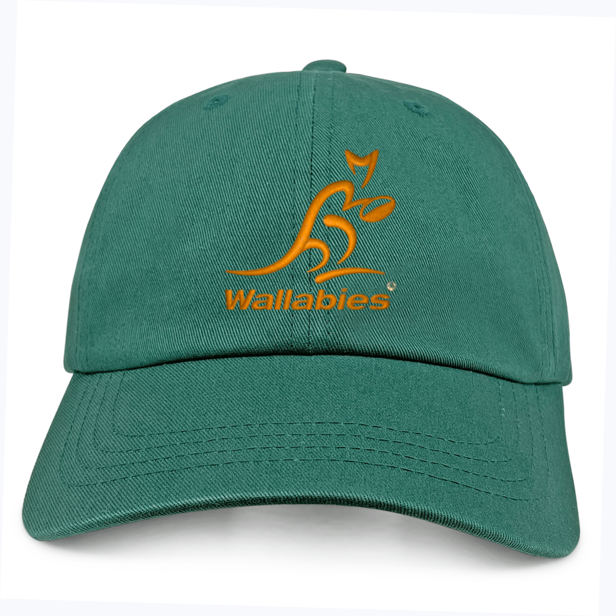 The Wallabies Cotton Twill Dad Cap by EMB S&S Activewear features an orange Wallabies logo and text on the front—ideal for Australia rugby fans.