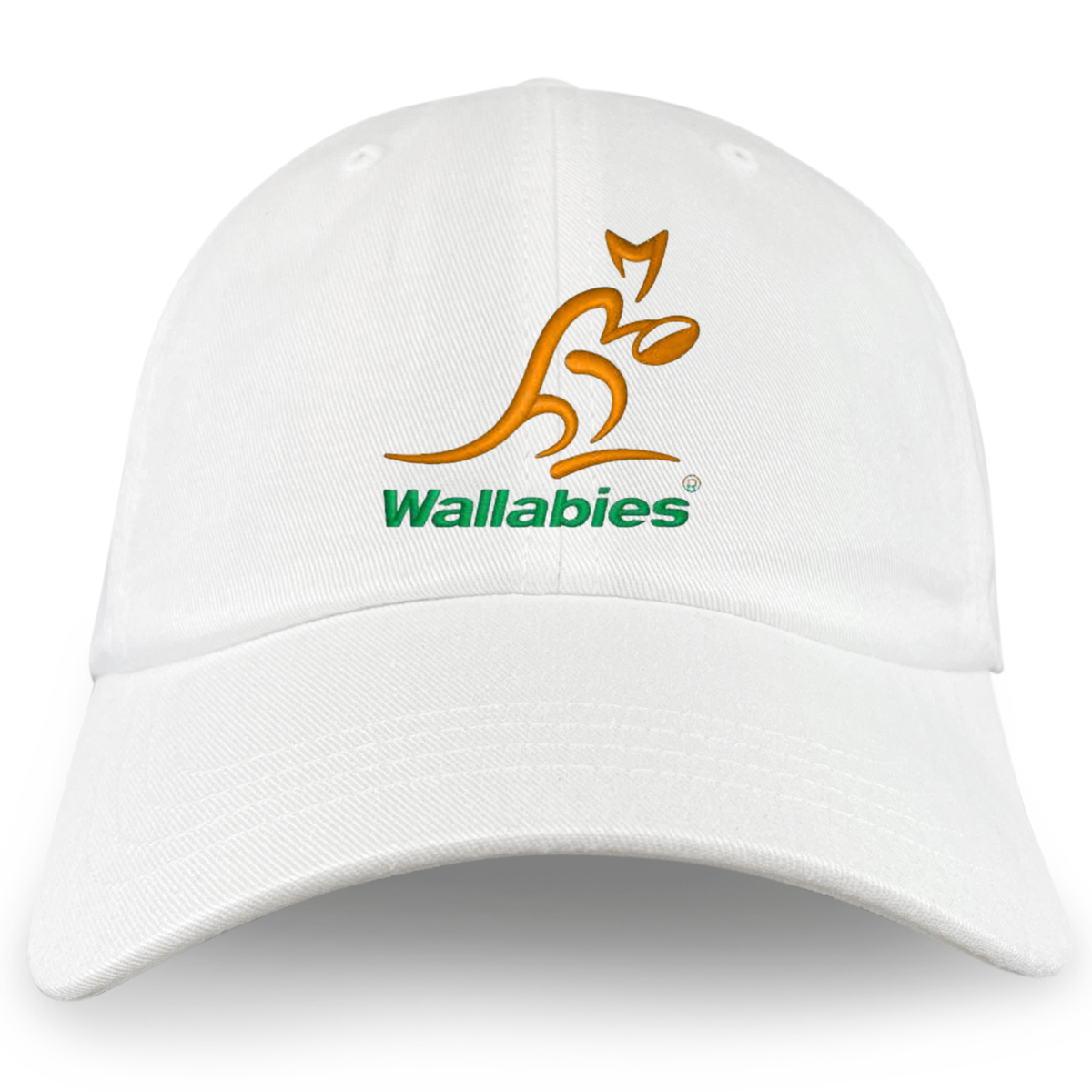 The Wallabies Cotton Twill Dad Cap by EMB S&S Activewear features a gold kangaroo logo and “Wallabies” in green on the front—perfect for Australia rugby fans.