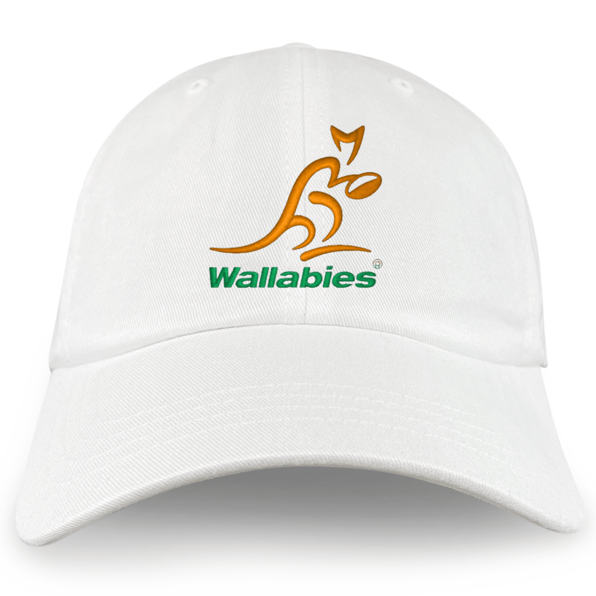 The Wallabies Cotton Twill Dad Cap by EMB S&S Activewear features a gold kangaroo logo and “Wallabies” in green on the front—perfect for Australia rugby fans.