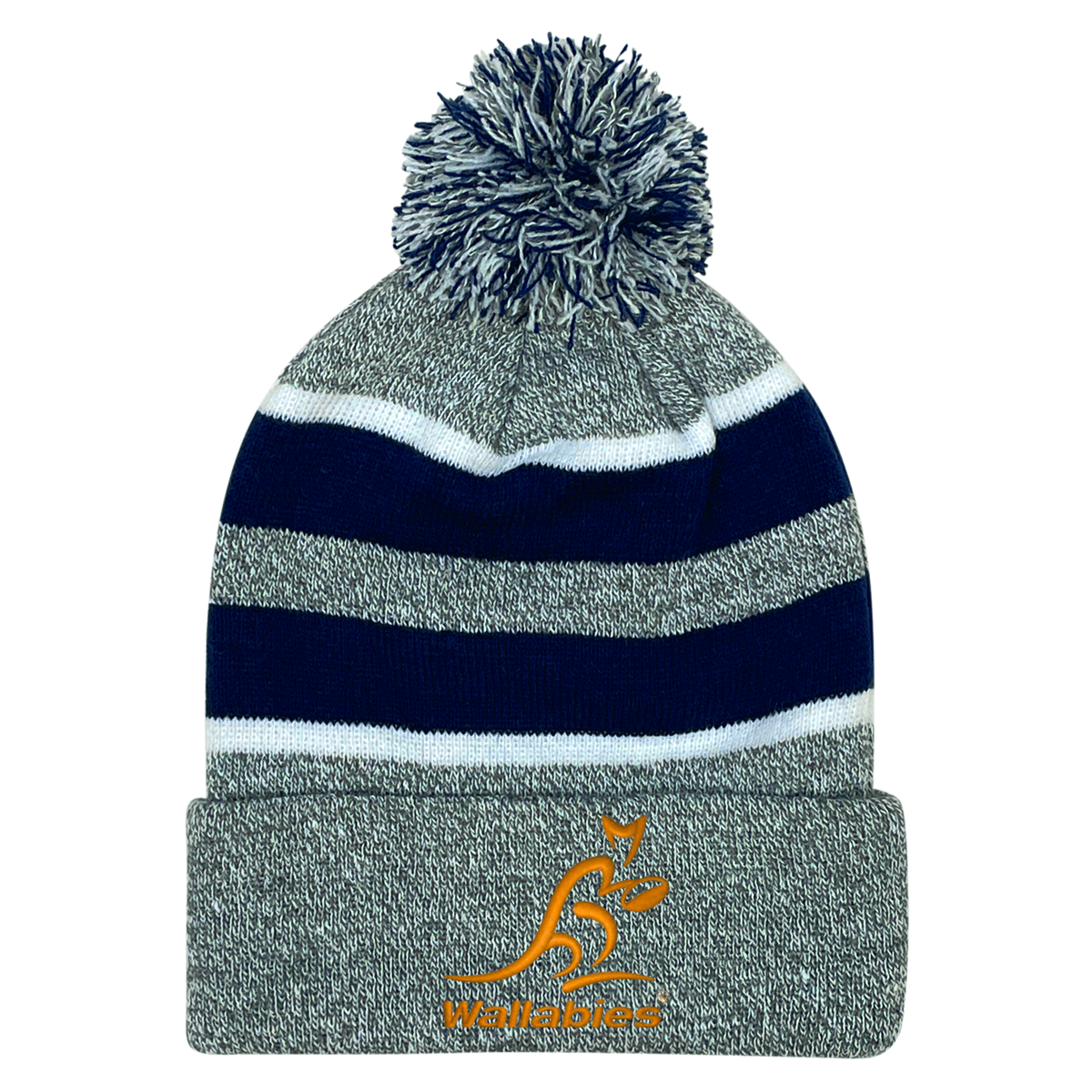 The Wallabies Rugby Hooped Pom-Pom Beanie by WRS Augusta features gray knit with blue and white stripes, a pom-pom top, and an orange Wallabies logo—ideal Australia rugby merch for fans.