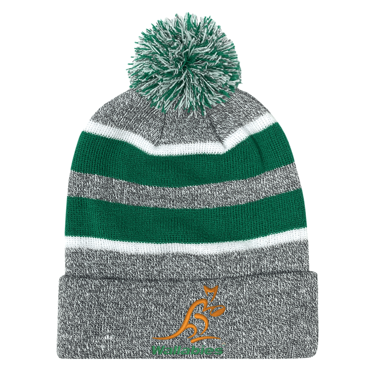 The Wallabies Rugby Hooped Pom-Pom Beanie by WRS Augusta features gray, green, and white stripes with an orange kangaroo logo above "Wallabies"—a must-have for Australia rugby fans.