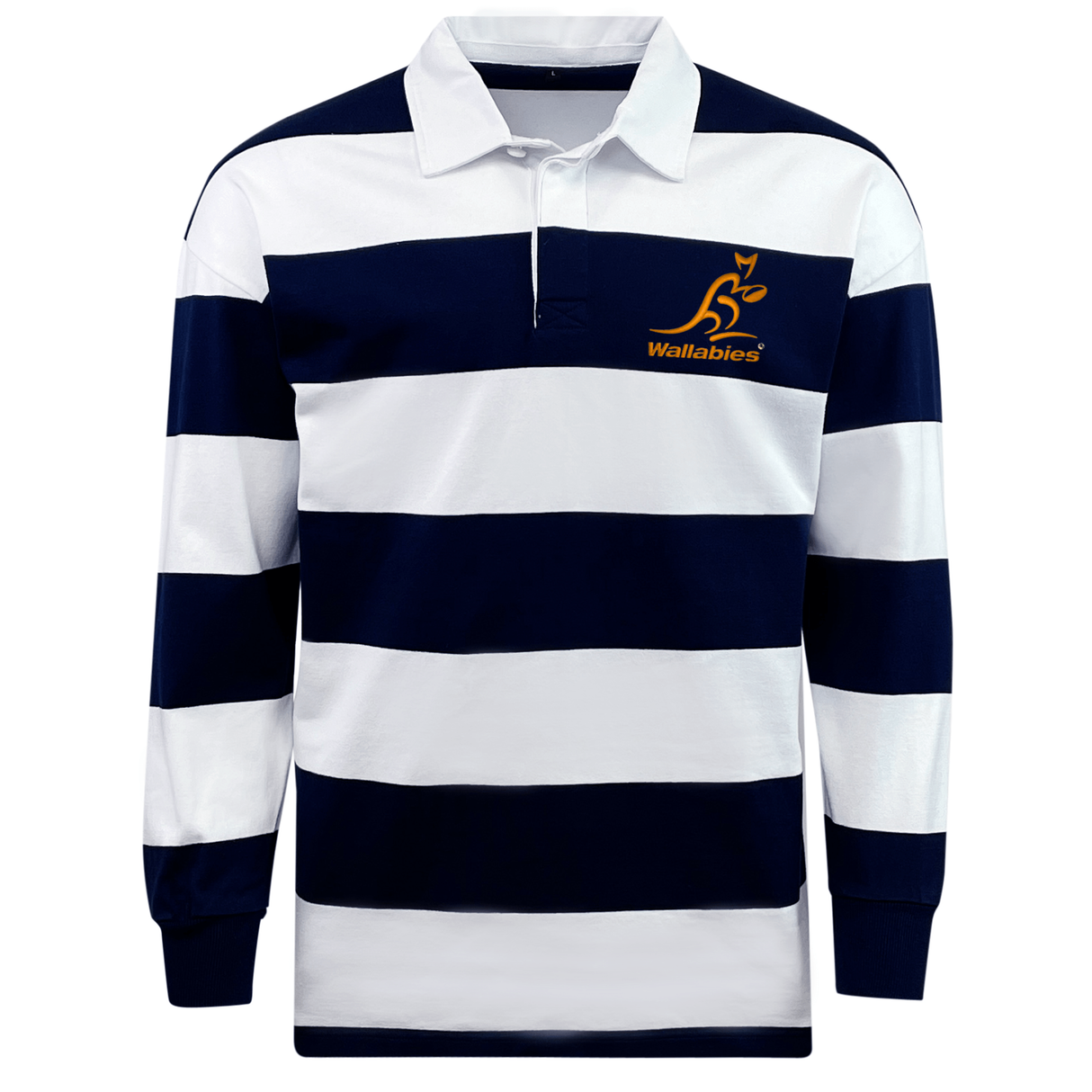 The EMB Mudoo Wallabies Hooped Classic Jersey is a navy blue and white striped long-sleeve rugby shirt with a collar, built for fan comfort and featuring a gold Wallabies logo on the left chest.