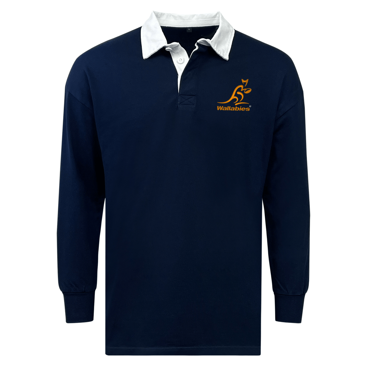 The EMB Mudoo Wallabies Solid Classic Jersey features long sleeves, a white collar and cuffs, and the gold Wallabies logo on navy—blending fan comfort with timeless style.