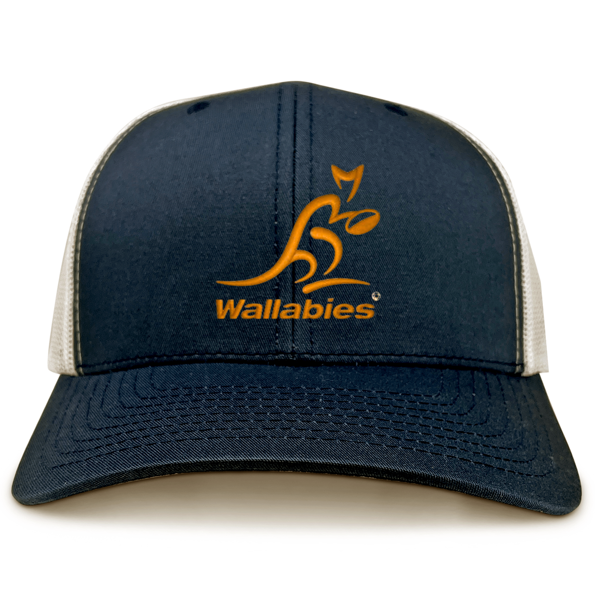 The EMB S&S Activewear Wallabies Retro Trucker Cap features navy, white, and orange highlights with a bold Wallabies logo—perfect for any Australia rugby cap collection.