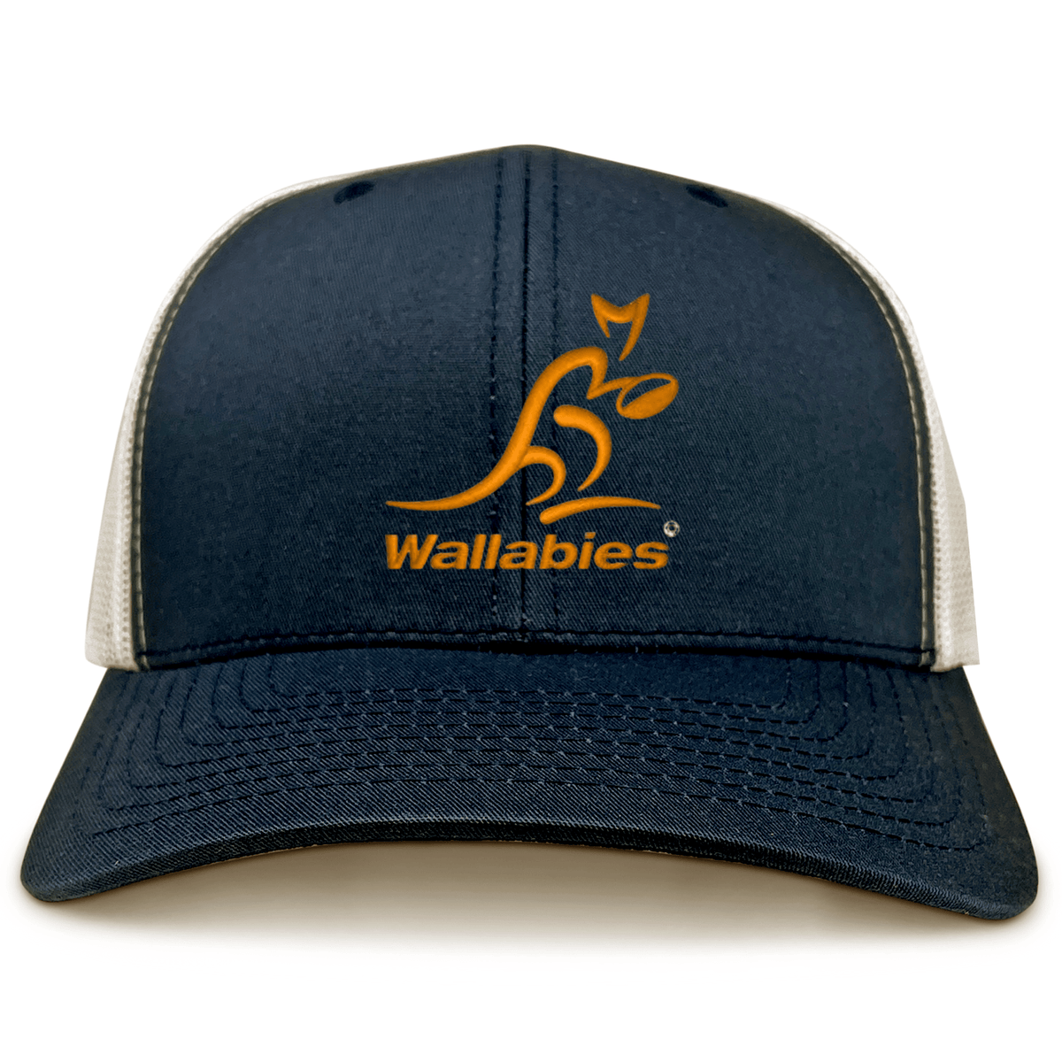 The EMB S&S Activewear Wallabies Retro Trucker Cap features navy, white, and orange highlights with a bold Wallabies logo—perfect for any Australia rugby cap collection.