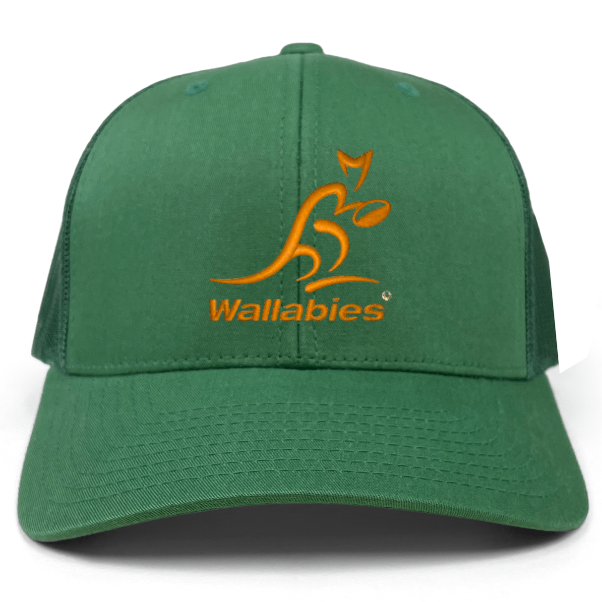 The Wallabies Retro Trucker Cap by EMB S&S Activewear features a green retro design with the yellow Wallabies kangaroo logo and "Wallabies" on the front—a top pick for Australia rugby fans.