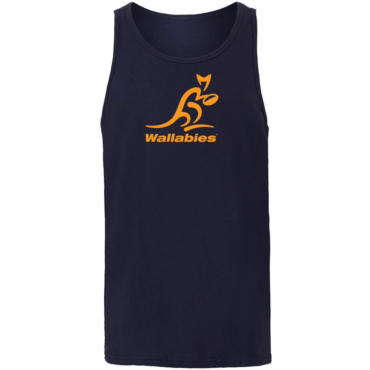 The Wallabies Jersey Tank Top by WRS S&S Activewear is a navy blue unisex tank featuring a yellow kangaroo logo and "Wallabies" text on the chest, inspired by Australia's National Rugby Union Team.