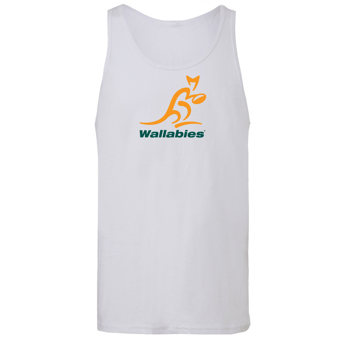 The WRS S&S Activewear Wallabies Jersey Tank Top is a unisex white tank featuring Australia's National Rugby Union Team logo with gold and green text centered on the chest.