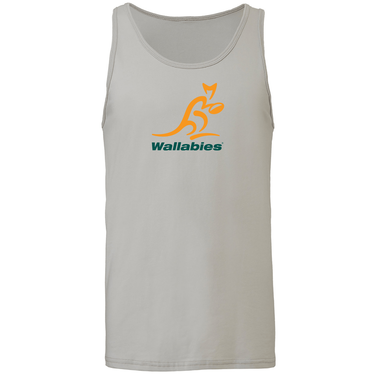 The Wallabies Jersey Tank Top by WRS S&S Activewear is a light grey unisex tank featuring a yellow kangaroo logo and green "Wallabies" text, perfect for fans of Australia’s National Rugby Union Team.