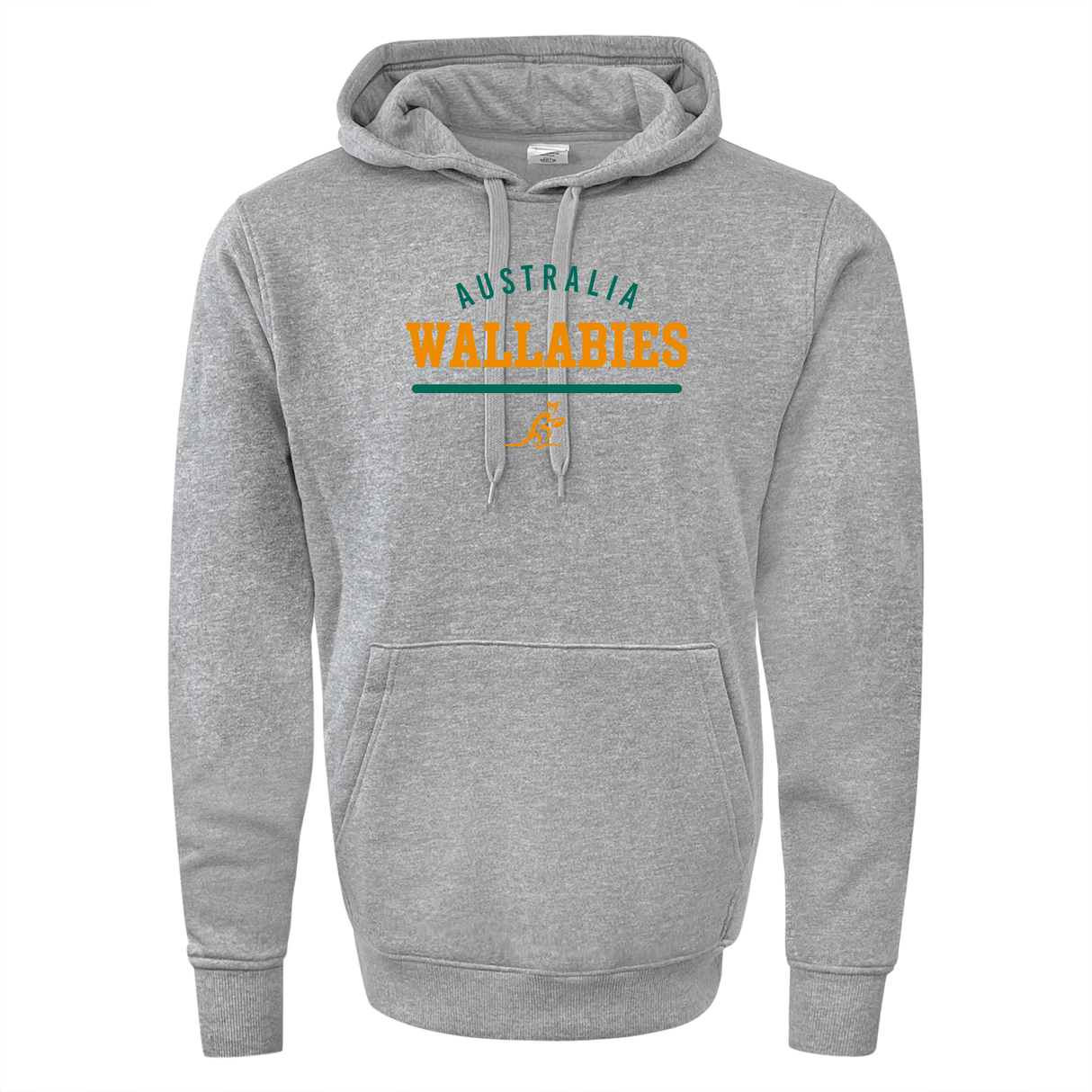 Gray Wallabies Rugby Wordmark pullover hoodie with a kangaroo graphic on the front by WRS Augusta.