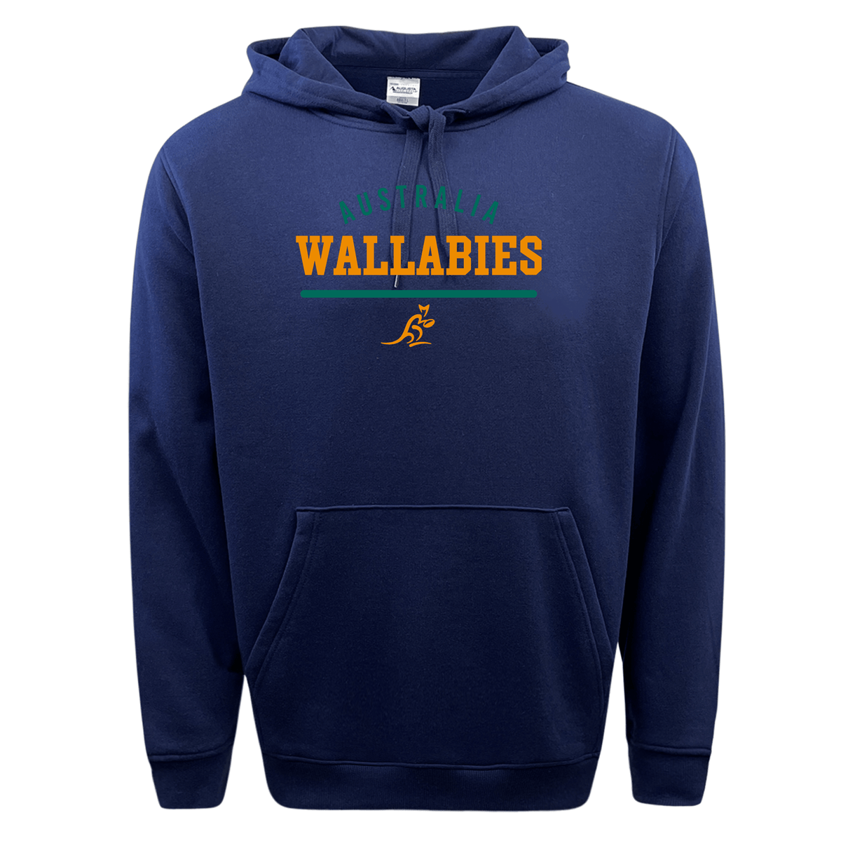 Blue Wallabies Rugby Wordmark pullover hoodie with the word "Australia" in green and "Wallabies" in yellow below, accompanied by a stylized kangaroo logo in orange by WRS Augusta.