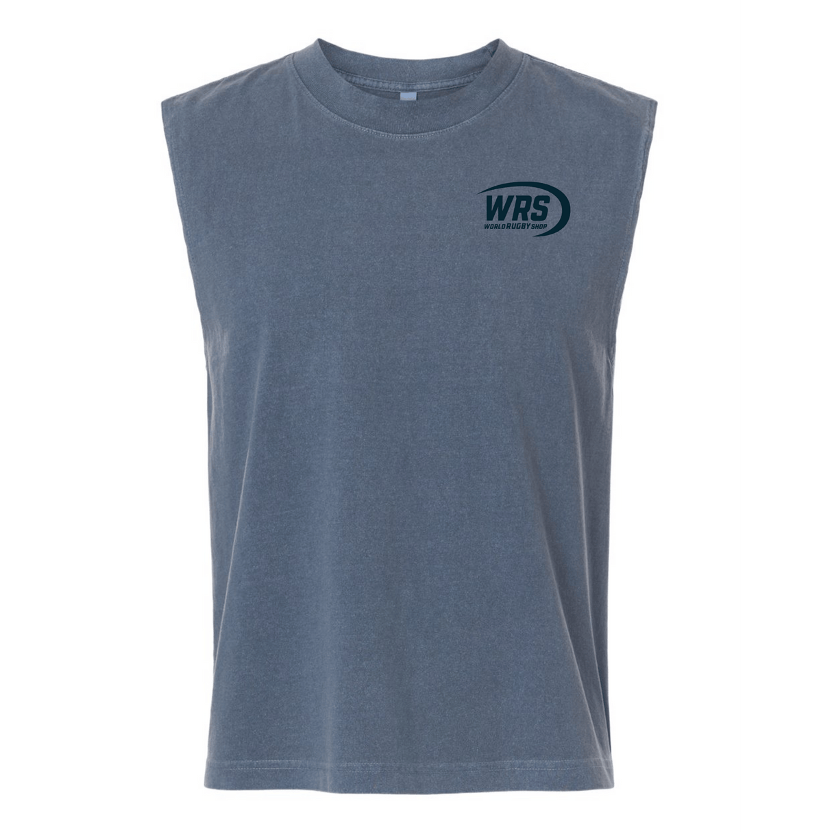 The Watch More Rugby Retro Muscle Tee by WRS S&S Activewear is a sleeveless gray top featuring a small "WRS World Relief" logo in dark text on the left chest, shown against a plain white background.