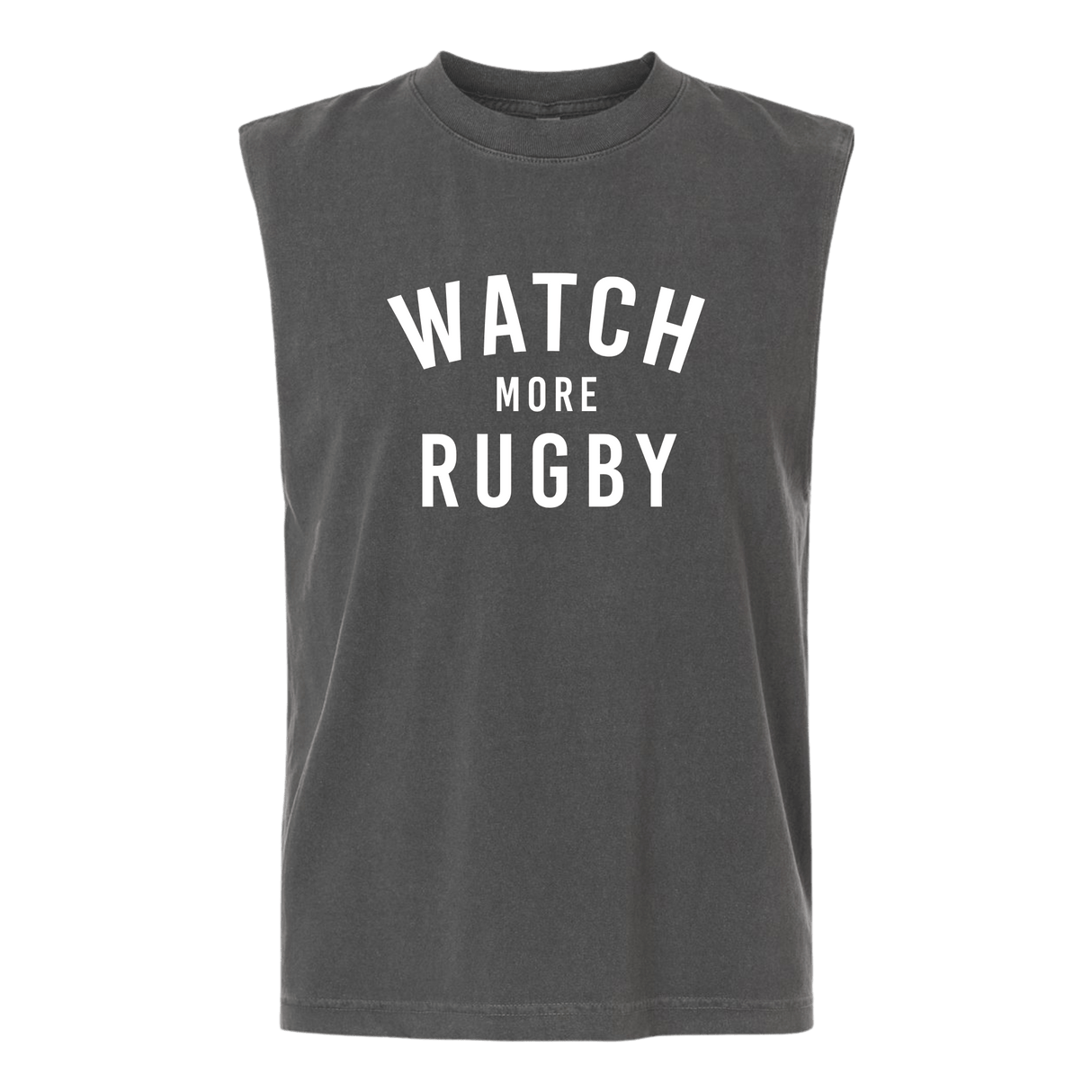The Watch More Rugby Everyday Muscle Tee by WRS S&S Activewear is a sleeveless black top featuring "WATCH MORE RUGBY" in white text on the front.