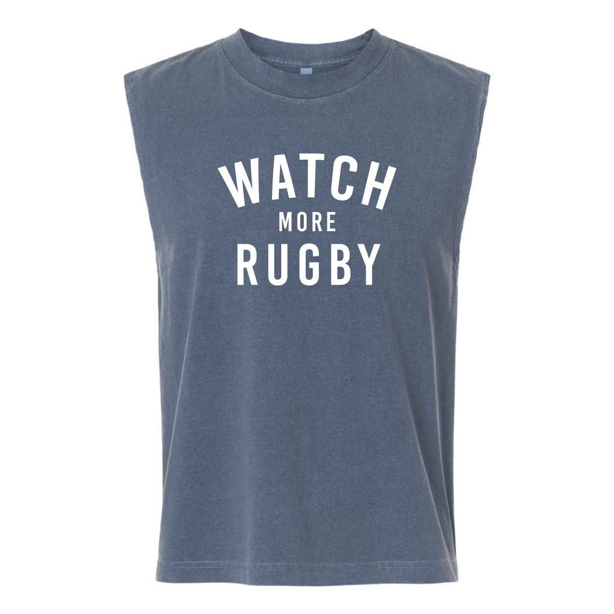 The Watch More Rugby Everyday Muscle Tee by WRS S&S Activewear is a blue-gray unisex tank, featuring a bold "WATCH MORE RUGBY" front print—ideal for fans seeking comfort and sporty style.