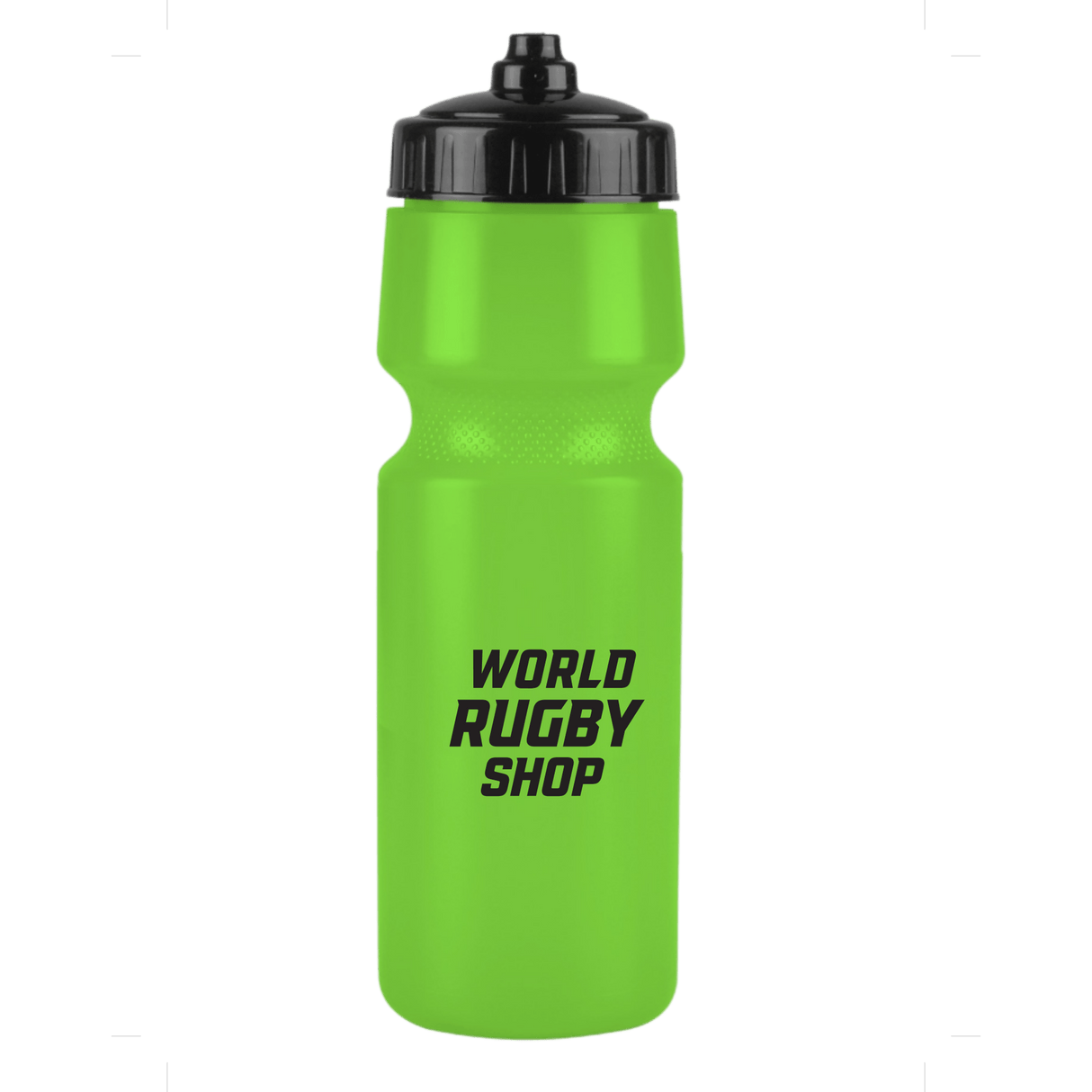 The World Rugby Shop Water Bottle by Springboard Promotions is a bright green, BPA-free bottle with a black lid, featuring "WORLD RUGBY SHOP" in bold black text. Leak-resistant and perfect for rugby fans on the go.