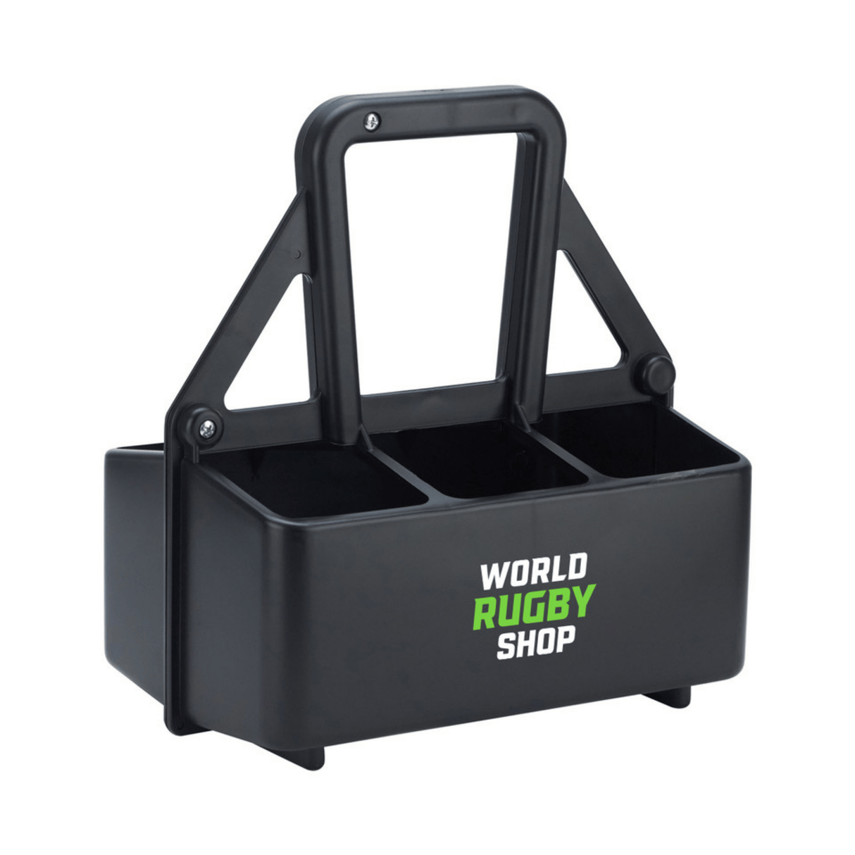 The Springboard Promotions World Rugby Shop Water Bottle Carrier is a black plastic carrier with three compartments, a handle, and "World Rugby Shop" printed in white and green on the front.