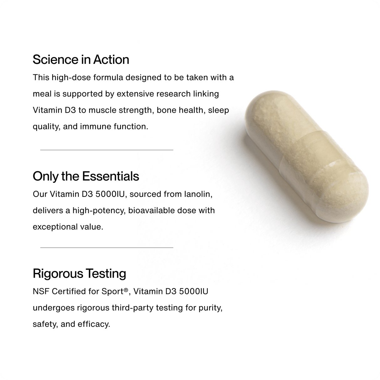 A single beige capsule pill of Momentous Vitamin D3 5000 IU is pictured beside text highlighting its bone strength and immune support benefits, key ingredients, and tested quality from the Momentous brand.