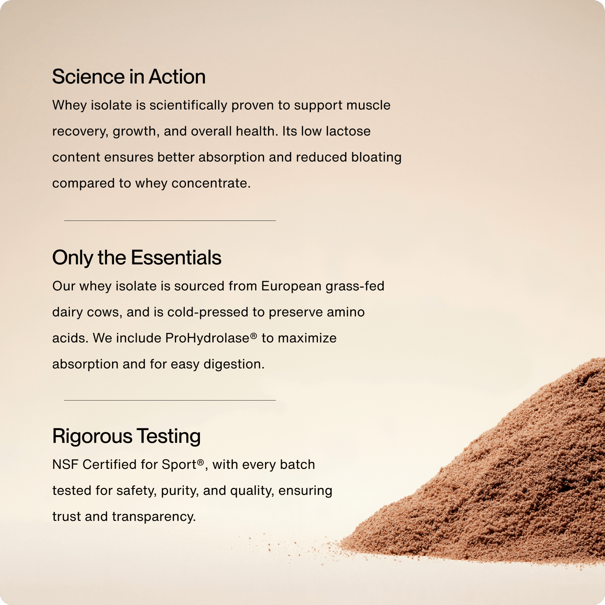 A close-up of Momentous Whey Protein Isolate highlights its science-backed benefits, European sourcing, enzymatic absorption, and NSF certification for safety and quality.