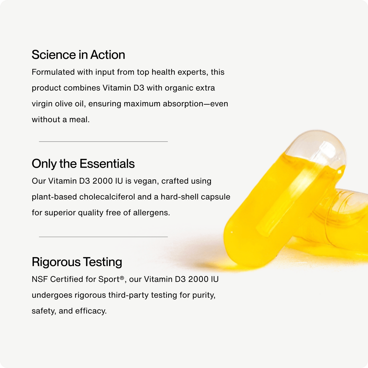 Two yellow capsules of Momentous Vitamin D3 2000 IU are shown next to text highlighting bone health support, premium ingredients, and rigorous testing from the brand Momentous.