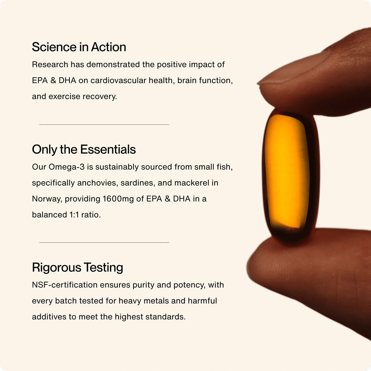 A hand holds a translucent amber capsule next to text highlighting the benefits, sustainable sourcing, EPA and DHA content, and rigorous testing of Momentous Omega-3 Travel Packs by Momentous.