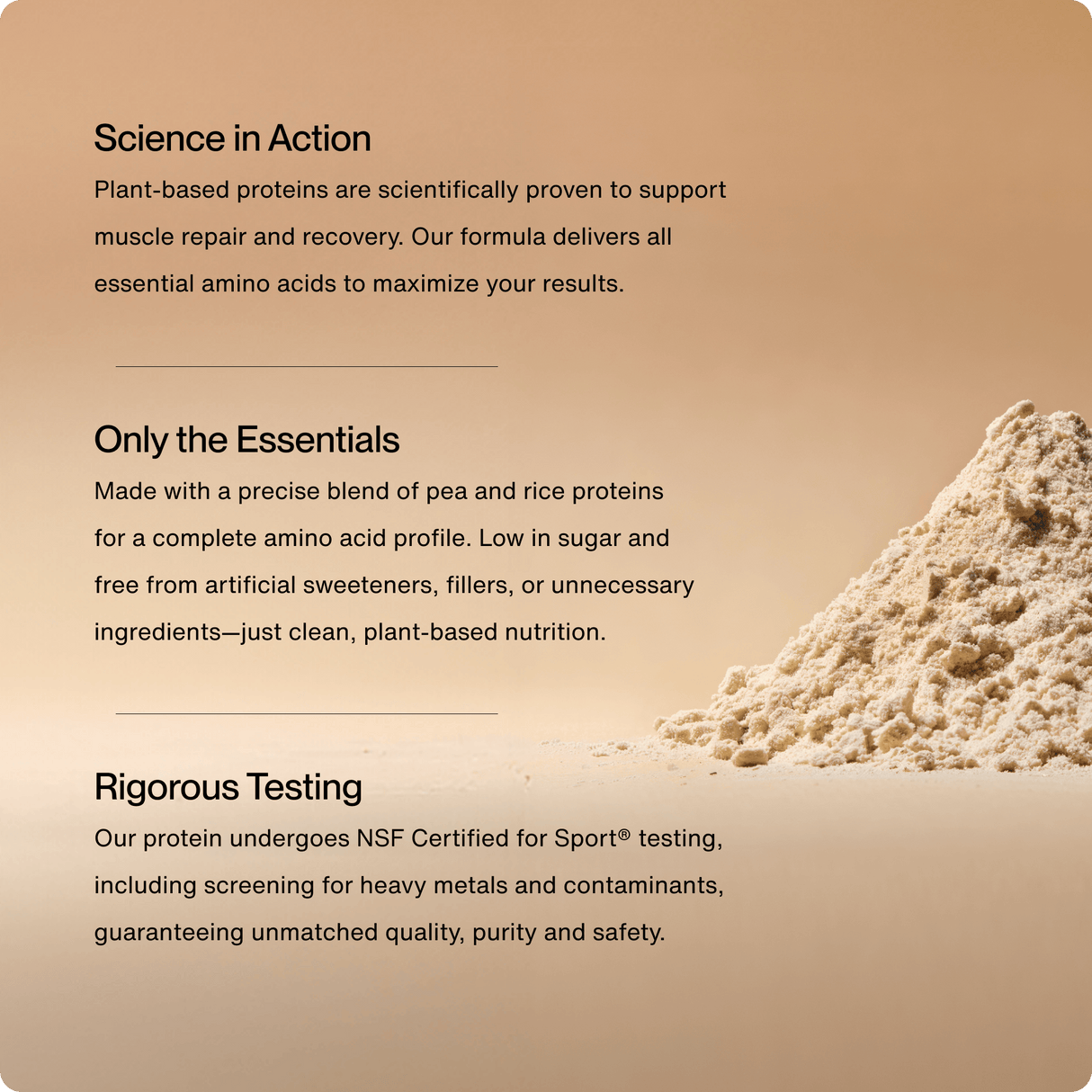 Momentous 100% Plant Protein 10-Travel Packs by Momentous sits on a beige surface, highlighting its scientifically formulated, clean ingredients for muscle recovery and NSF Certified for Sport® testing.