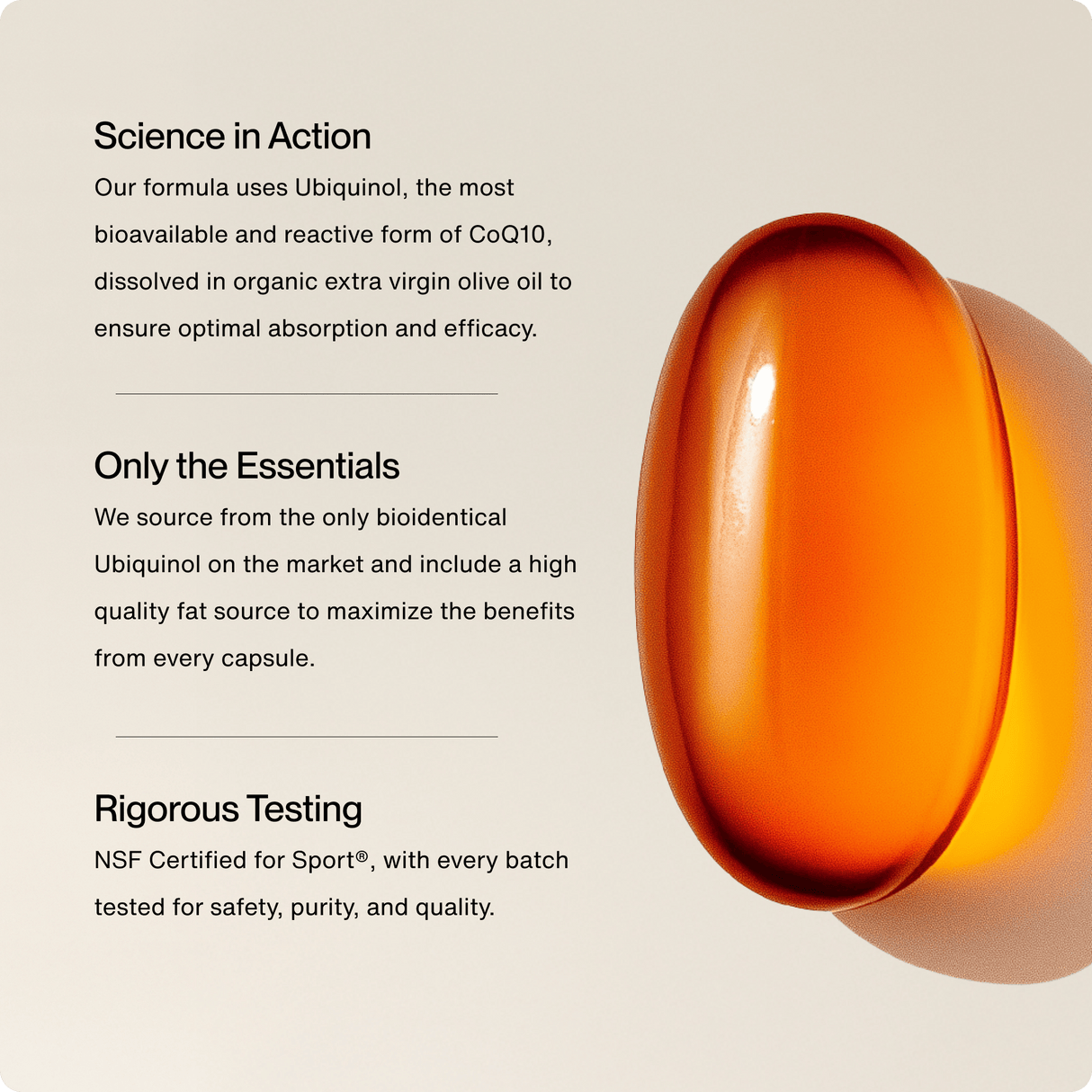 A Momentous Ubiquinol softgel sits next to text emphasizing mitochondrial function support, essential ingredients, and NSF-certified safety and quality from the brand Momentous.