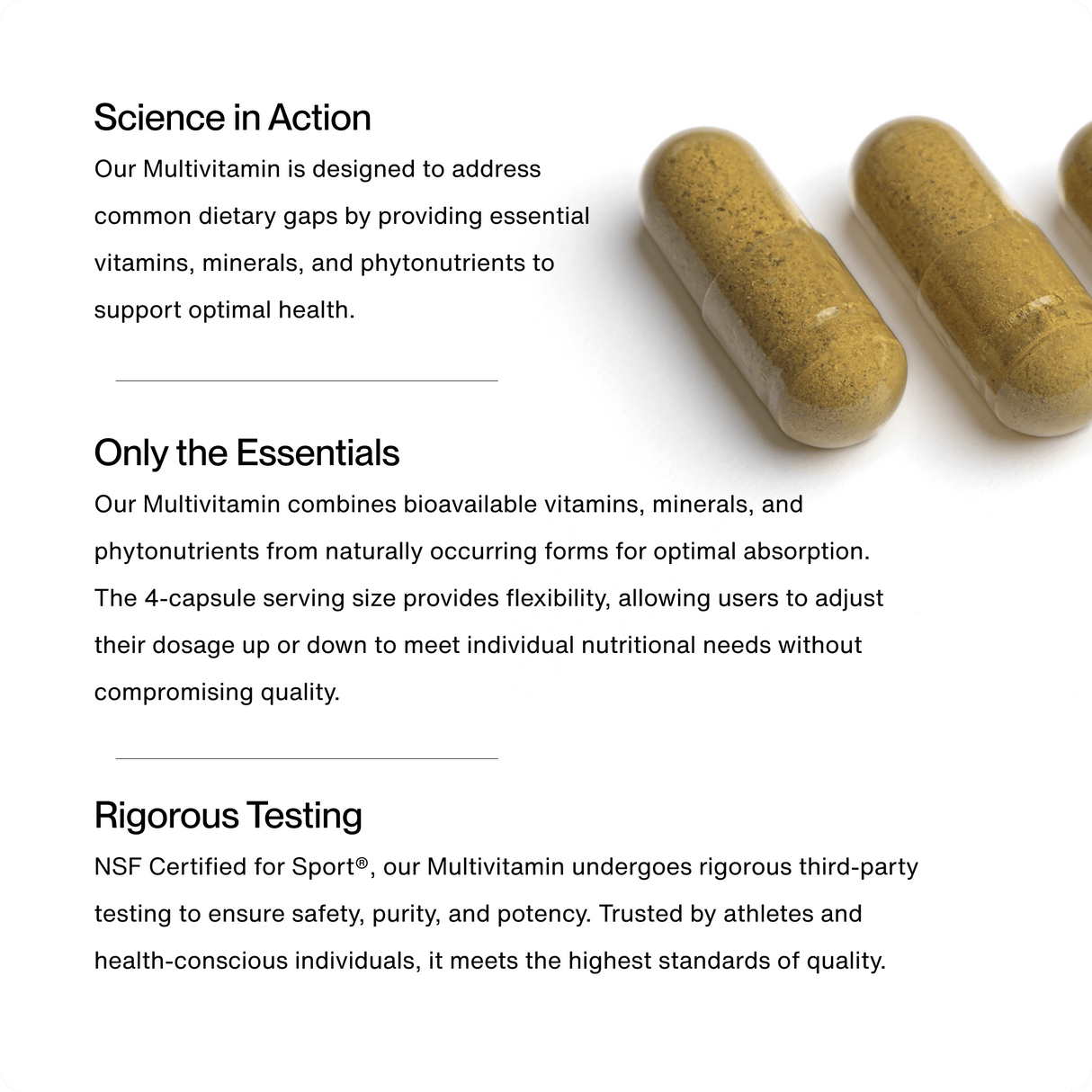 Four Momentous Multivitamin capsules are shown with text highlighting their benefits, including essential vitamins for immune support, quality ingredients, and rigorous third-party testing for safety by Momentous.