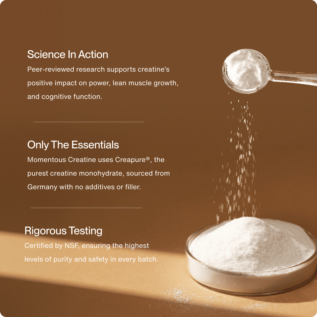 A spoon pours Momentous Creatine by Momentous into a petri dish on a brown surface, with text highlighting its muscle growth, purity, cognitive benefits, and rigorous testing standards.