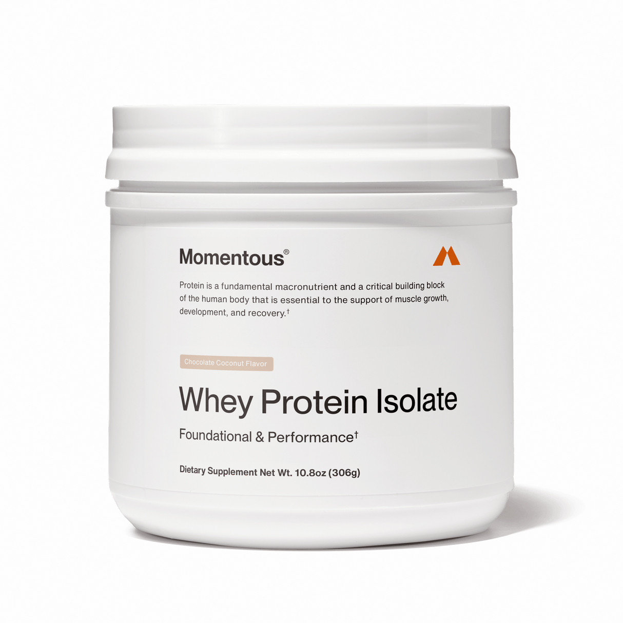 A white container of Momentous Whey Protein Isolate - Limited Edition, chocolate coconut flavor, is a dietary supplement for foundational and performance support, ideal for muscle recovery; net wt. 10.8 oz (306g).