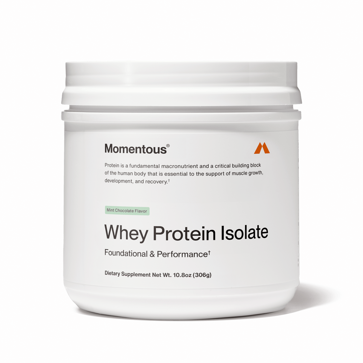 A white container of Momentous Whey Protein Isolate - Limited Edition by Momentous in mint chocolate flavor, this dietary supplement supports muscle recovery and performance.