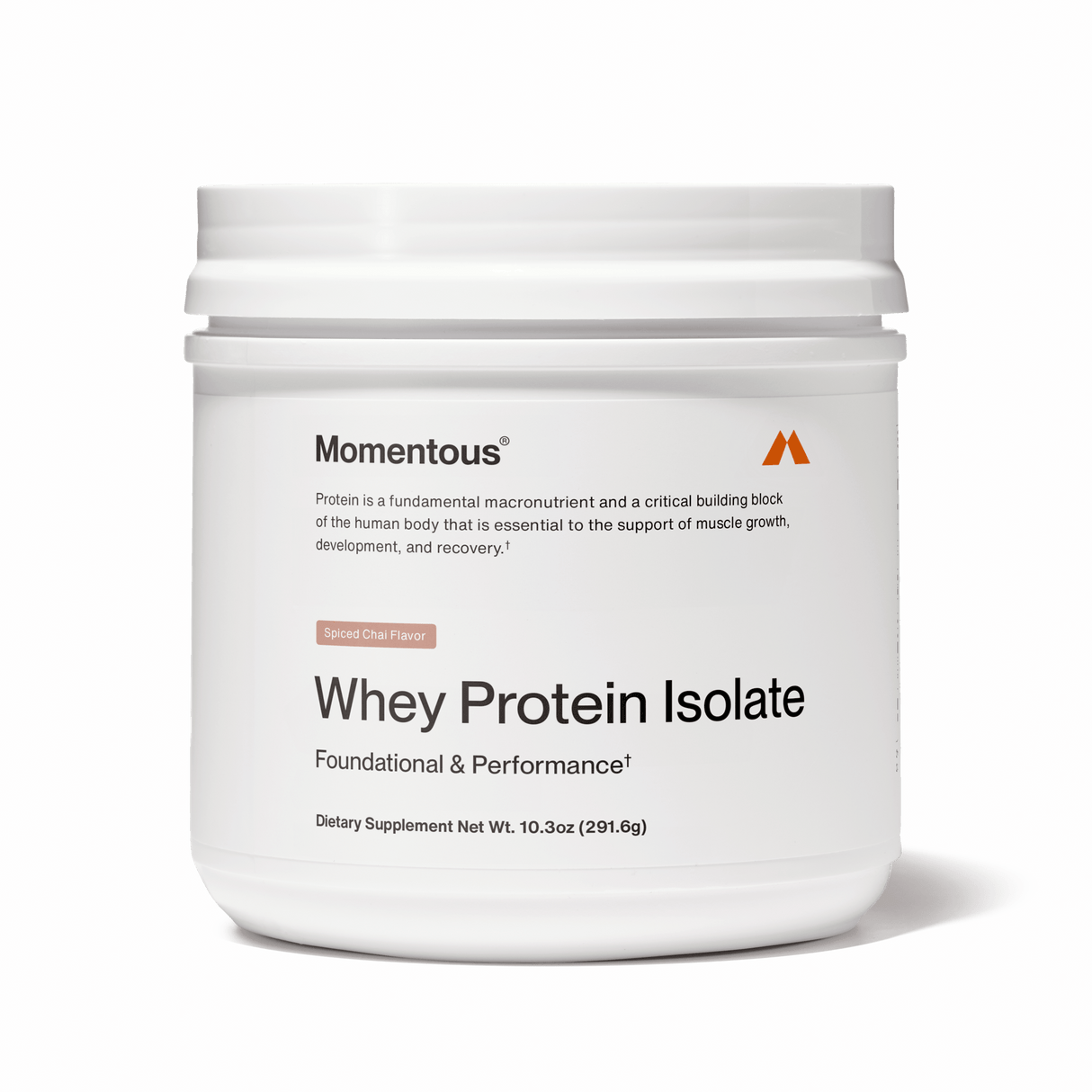 A white container of Momentous Whey Protein Isolate - Limited Edition by Momentous, Spiced Chai flavor, labeled as a premium protein powder supporting muscle recovery and performance.