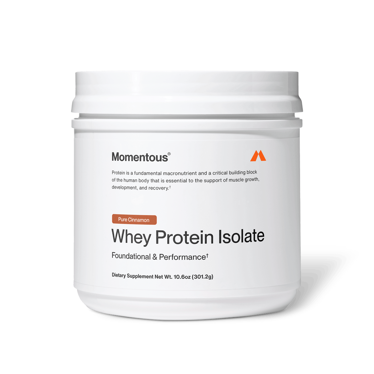 A white container of Momentous Whey Protein Isolate - Limited Edition by Momentous, Pure Cinnamon flavor, dietary supplement (10.6 oz/301.2g), delivers high-quality protein powder for muscle recovery.