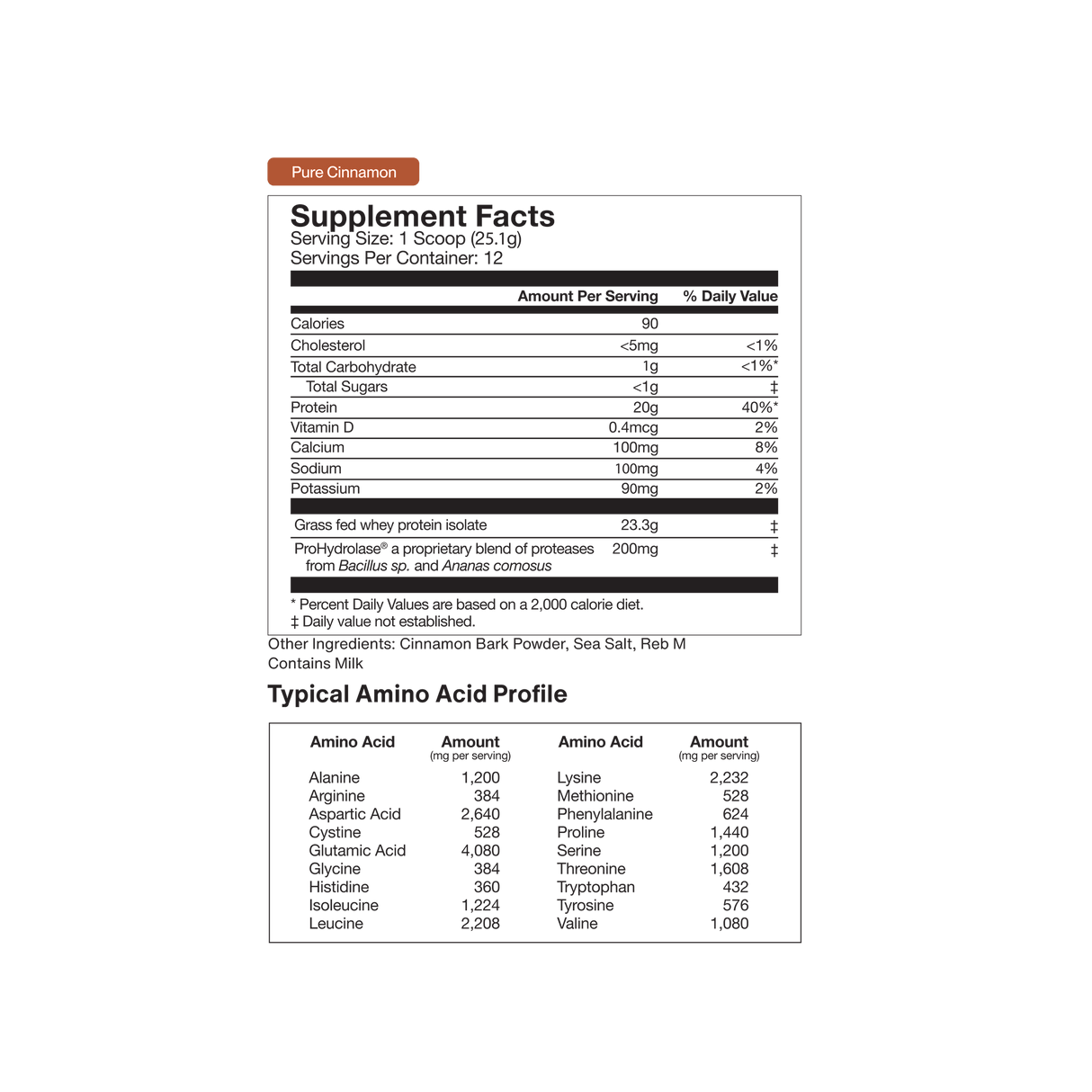 Nutritional label for Momentous Whey Protein Isolate - Limited Edition by Momentous, detailing serving size, ingredients, nutritional values, and a typical amino acid profile—perfect for muscle recovery or mixing into your favorite shakes.